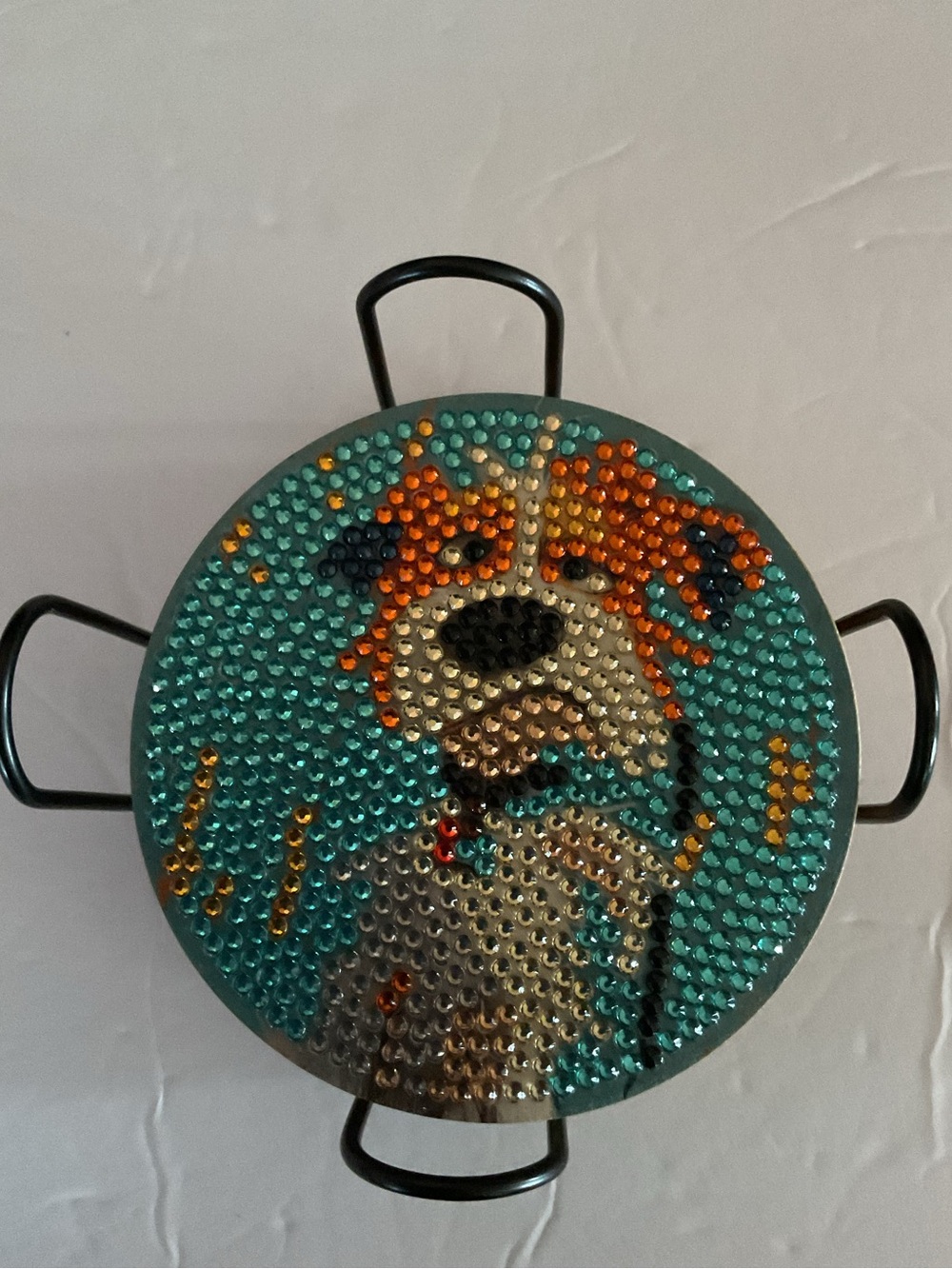Handmade Beaded Dog Face Coaster Set - set of 8 w/ holder. Cute and whimsical.